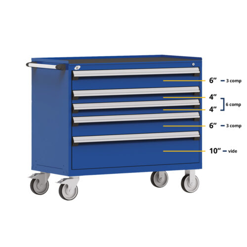 Cabinet robuste mobile  (Compartimenté), 5 tiroirs (48"L X 24"P X 42 1/2"H), bleu avalanche 055