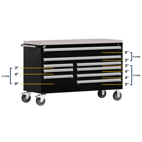 Cabinet robuste mobile  (Compartimenté), 9 tiroirs (60"la x 24"pr x 39 1/4"h), noir lustré 902