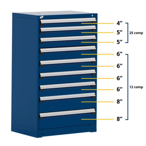 Cabinet robuste fixe  (Compartimenté), 9 tiroirs (30"L X 27"P X 60"H), bleu avalanche 055