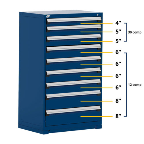 Cabinet robuste fixe  (Compartimenté), 9 tiroirs (36"L X 24"P X 60"H), bleu avalanche 055