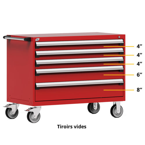 Cabinet robuste mobile  (Compartimenté), 5 tiroirs (48"la x 24"pr x 37 1/2"h), rouge carmine 806