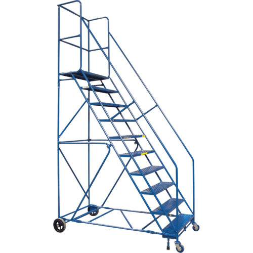Escabeau mobile 10 marches de 30"la, pied verrouillable. Hauteur 89", garde. Certifier CSA