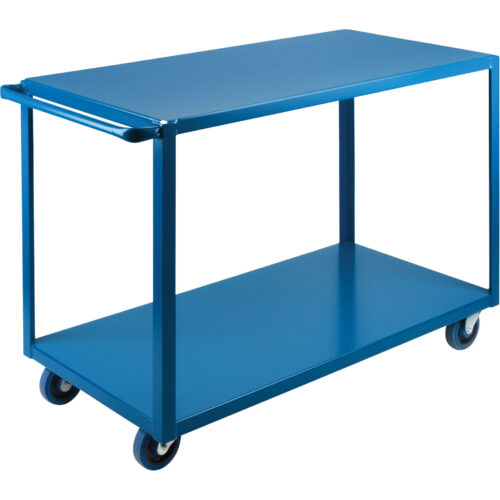 Chariot 2 tablettes rebord vers le bas 24"la x 36"pr x 36"h. Roulettes 5" caout., Bleu.. Cap 1200 lb