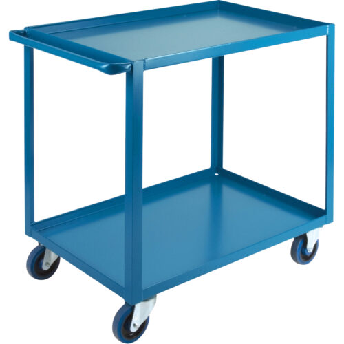 Chariot 2 tablettes rebord vers le haut 24"la x 36"pr x 36"h. Roulettes 5" caout., Bleu.. Cap 1200 lb