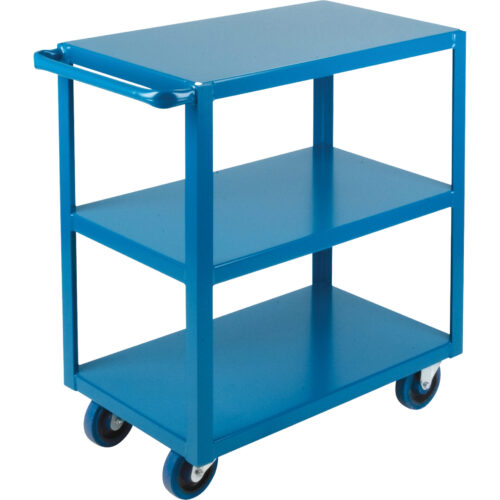 Chariot 3 tablettes  rebord vers le bas 18"la x 30"pr x 36"h, roulettes 5" caout., Bleu.. Cap 1200 lb