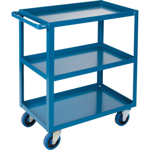 Chariot 3 tablettes  rebord vers le haut 18"la x 30"pr x 36"h, roulettes 5" caout., Bleu.. Cap 1200 lb