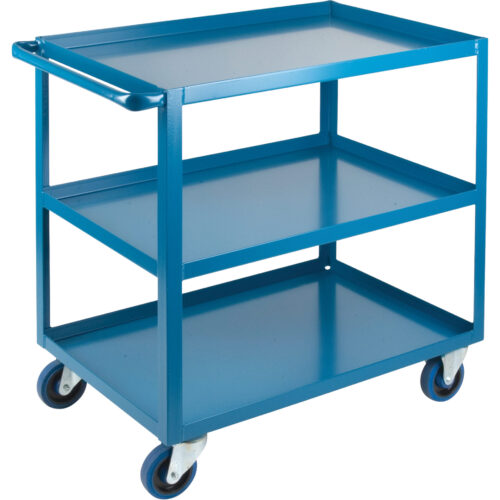 Chariot 3 tablettes rebord vers le haut 24"la x 36"pr x 36"h. Roulettes 5" caout., Bleu.. Cap 1200 lb