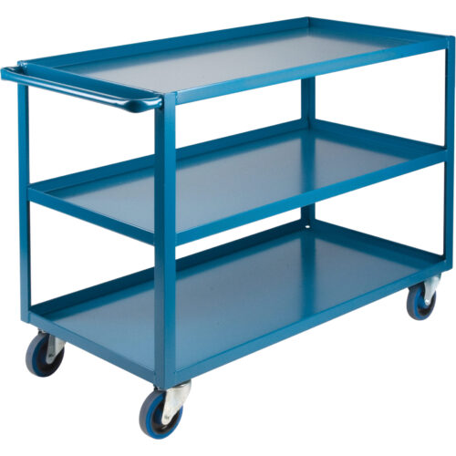 Chariot 3 tablettes rebord vers le haut 24"la x 48"pr x 36"h. Roulettes 5" caout., Bleu.. Cap 1200 lb